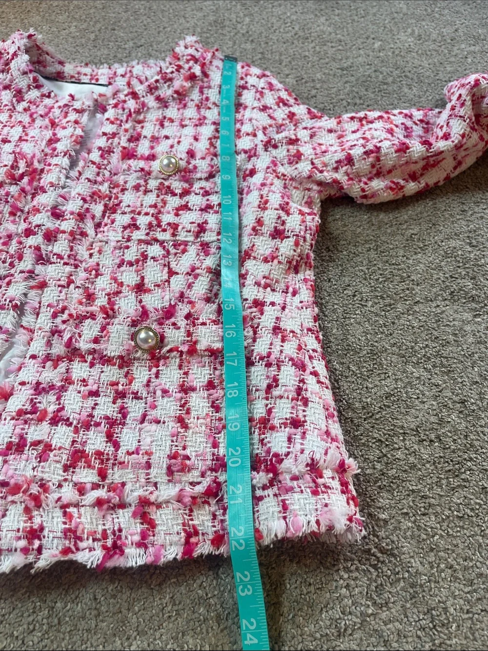 🎀🌺🌸Nanette Lepore sz8 Pink “tweed” Blazer pink red white Fringe Faux Pearls NWT